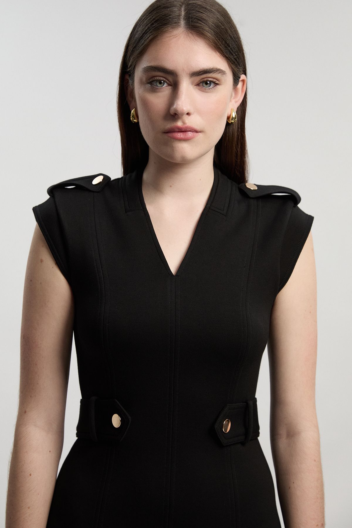 KarenMillen Ponte V Neck Tab Detail Midi Dress