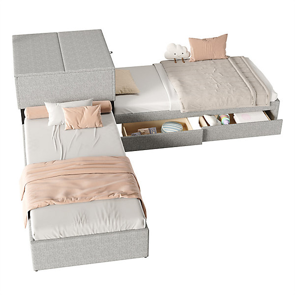 Lit adulte lit rembourré lit 90x200 cm avec armoire de rangement et tiroir lit double lin gris
