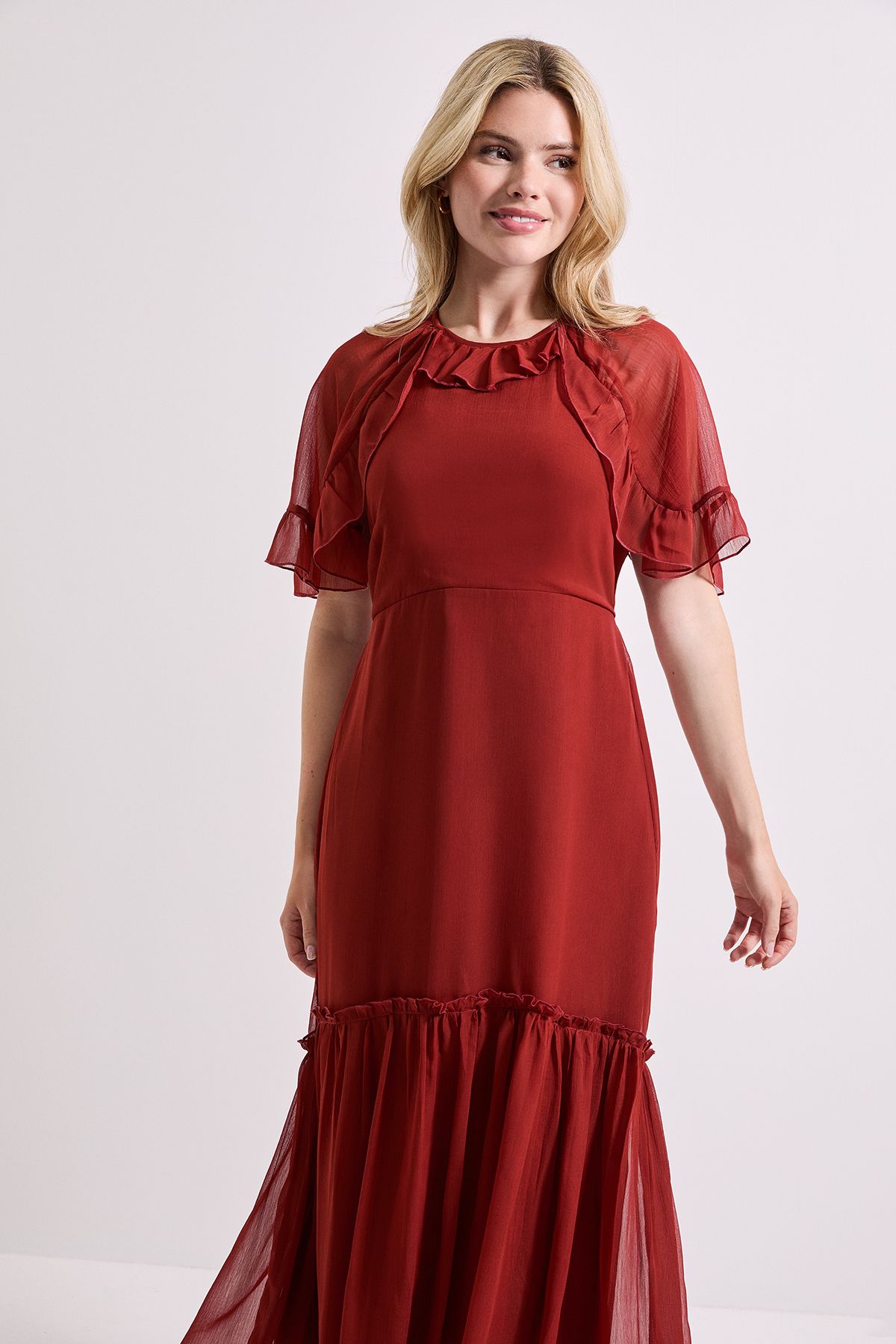 Dorothy Perkins Frill Cape Sleeve Tiered Chiffon Midi Dress