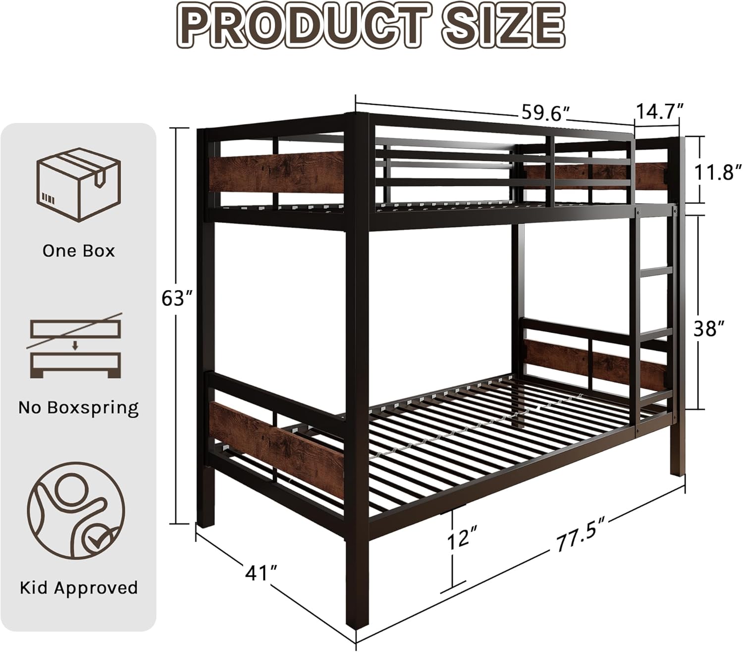 Bunk Bed Twin Over Twin, Heavy Duty Metal Bunkbeds with Full-Length Guardrail, Space-Saving Steel Bed for Kids & Adults, No Box Spring Required, Rustic Brown