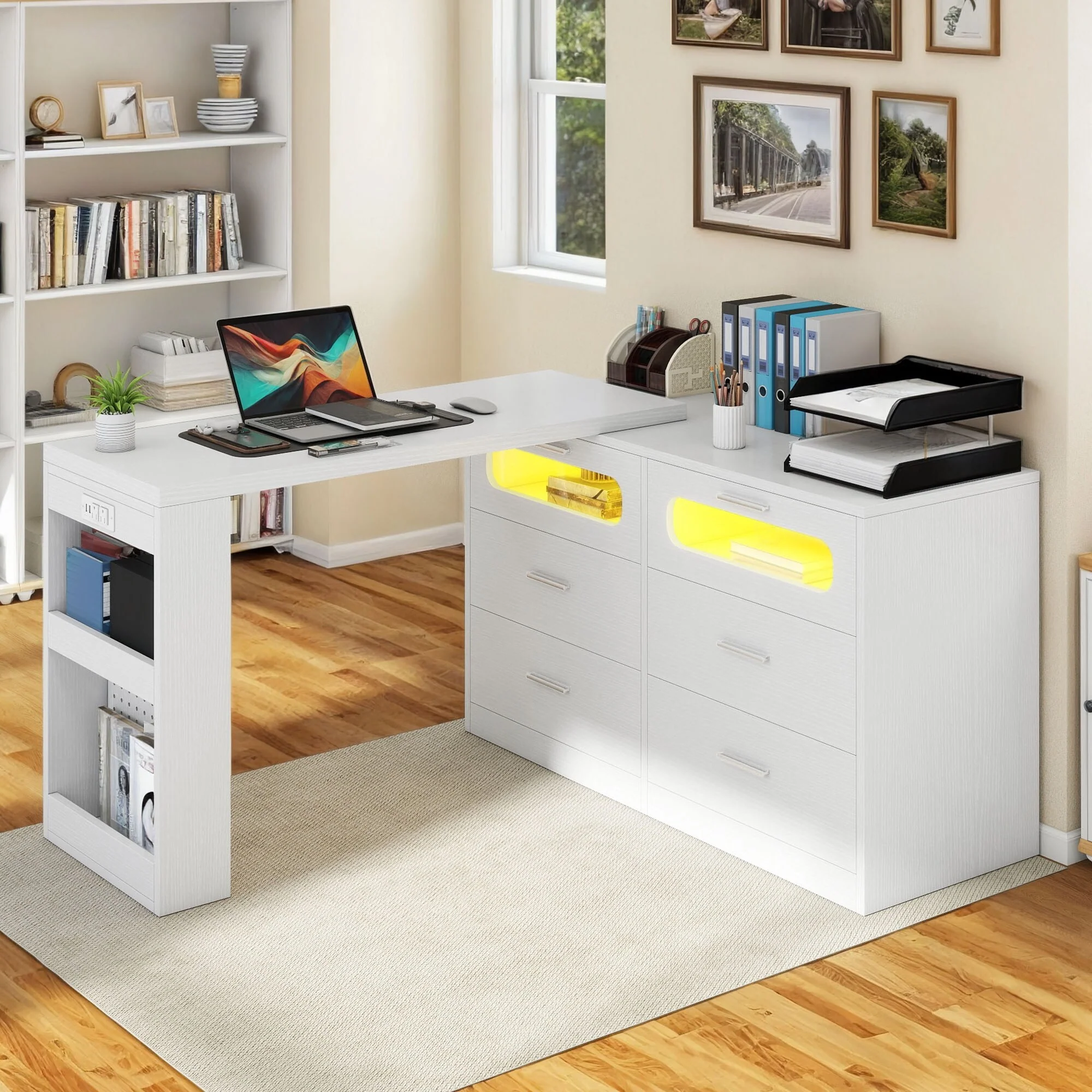 Moasis Modern L-Shaped Corner Rotating Computer Desk Dresser Desk with 6 Drawers