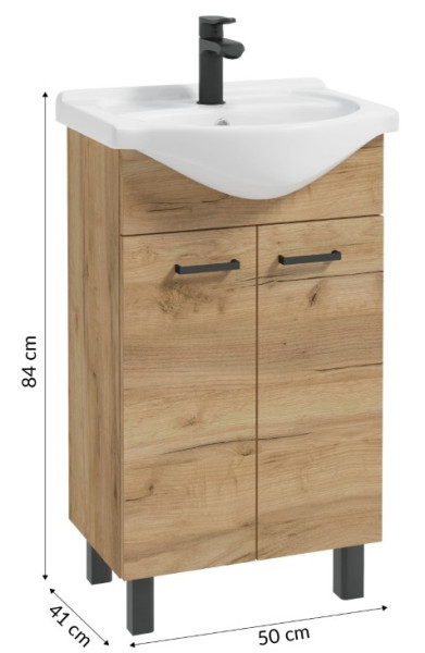 Szafka Łazienkowa z Umywalką 50cm, Dąb Craft, Komplet z Baterią i Syfonem