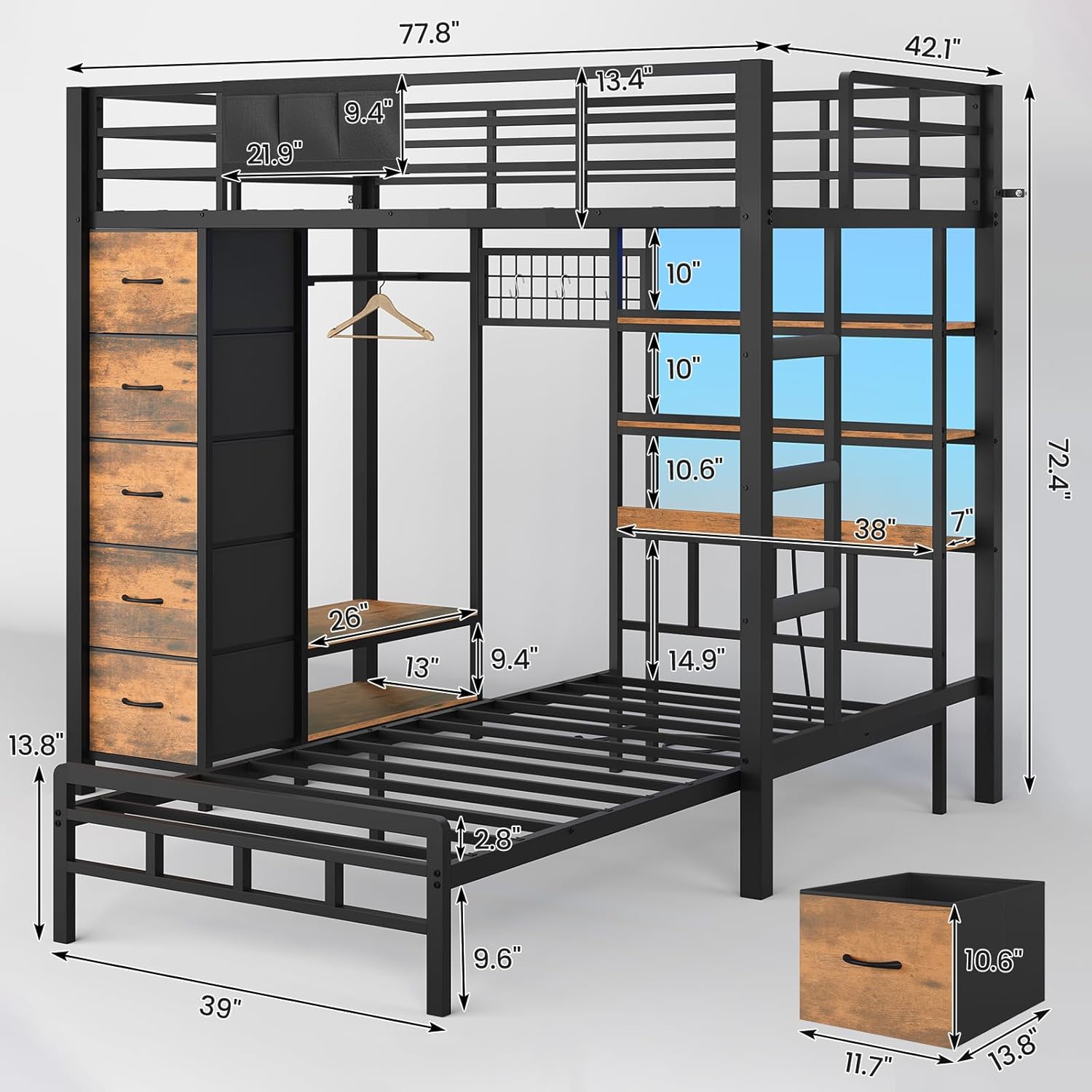 VIAGDO Bunk Bed Twin Over Twin with 5 Storage Drawers, Twin Bunk Beds with Charging Station and Lights, L-Shaped Metal Bunk Bed with Shelves, Bedside Pocket, Guardrail & Ladder for Kids, Teens, Black