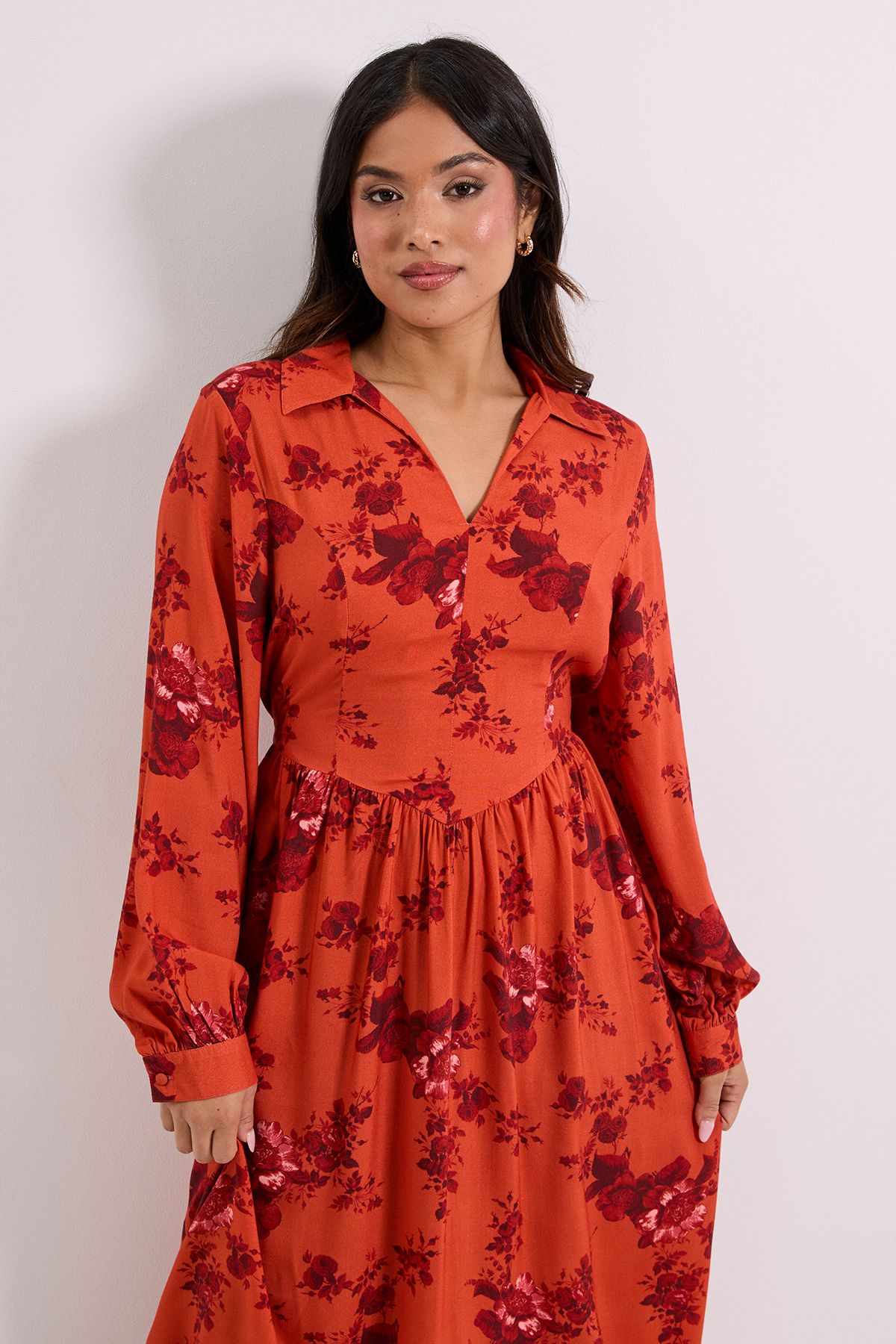 Dorothy Perkins Petite Seam Detail Collared Blouson Sleeve Printed Midi Dress
