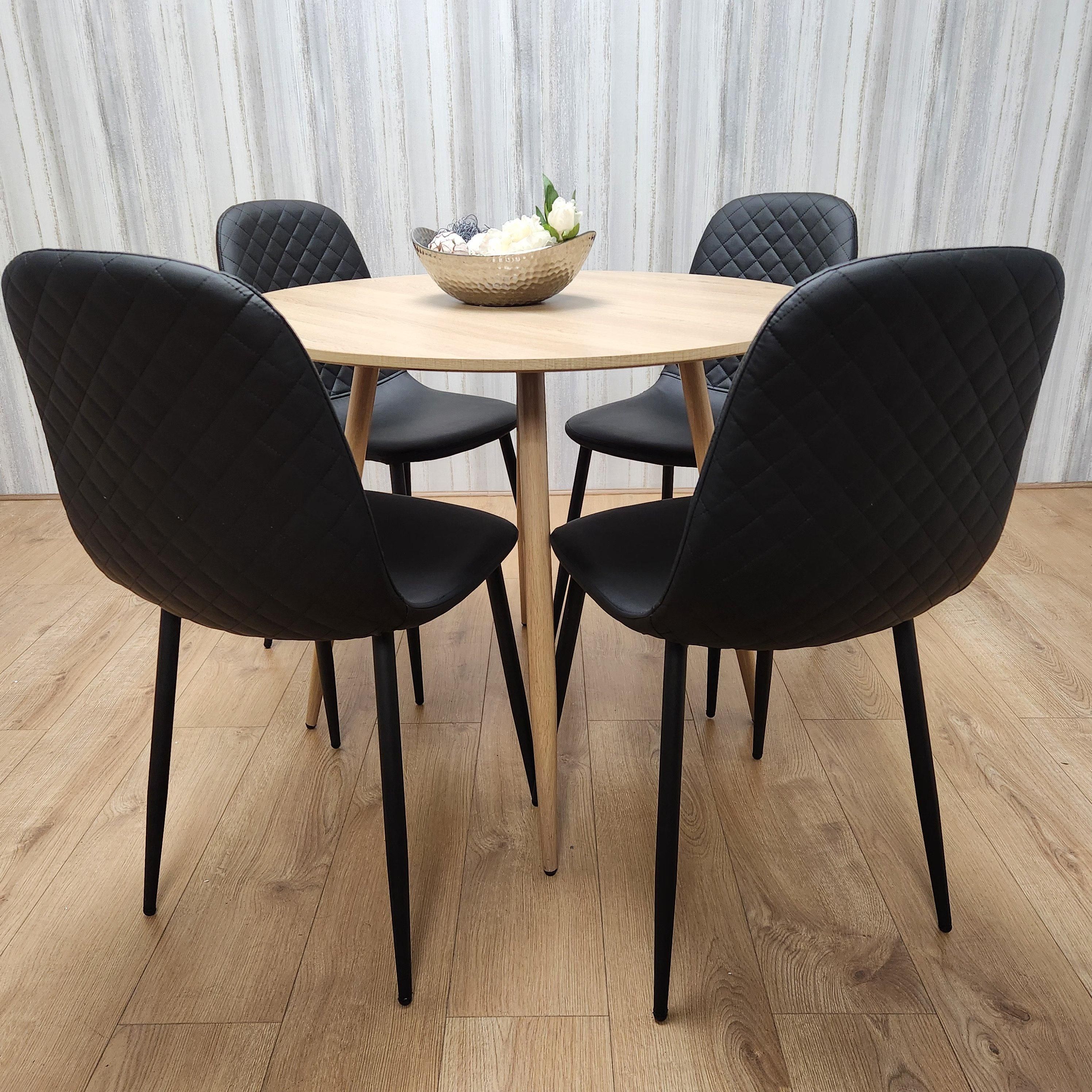 KOSY KOALA Round Oak Effect Kitchen Dining Table With 4 Black Faux Leather Padded Chairs Dining Set