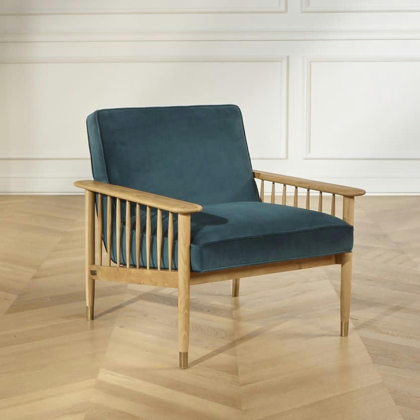 ALBERTINE - Fauteuil en chêne et velours bleu paon