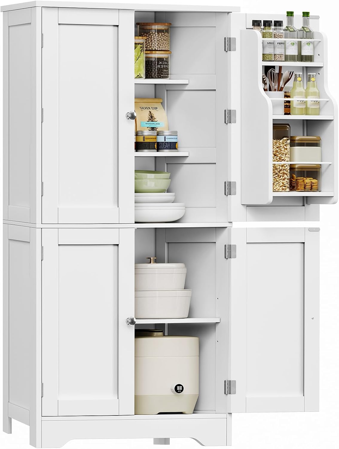 TEENFON 51 H Pantry Cabinet with 4 Doors, Kitchen Cabinet with 6 Door Shelves, Storage Cabinet for Living Room, Dining Room, Bathroom, White