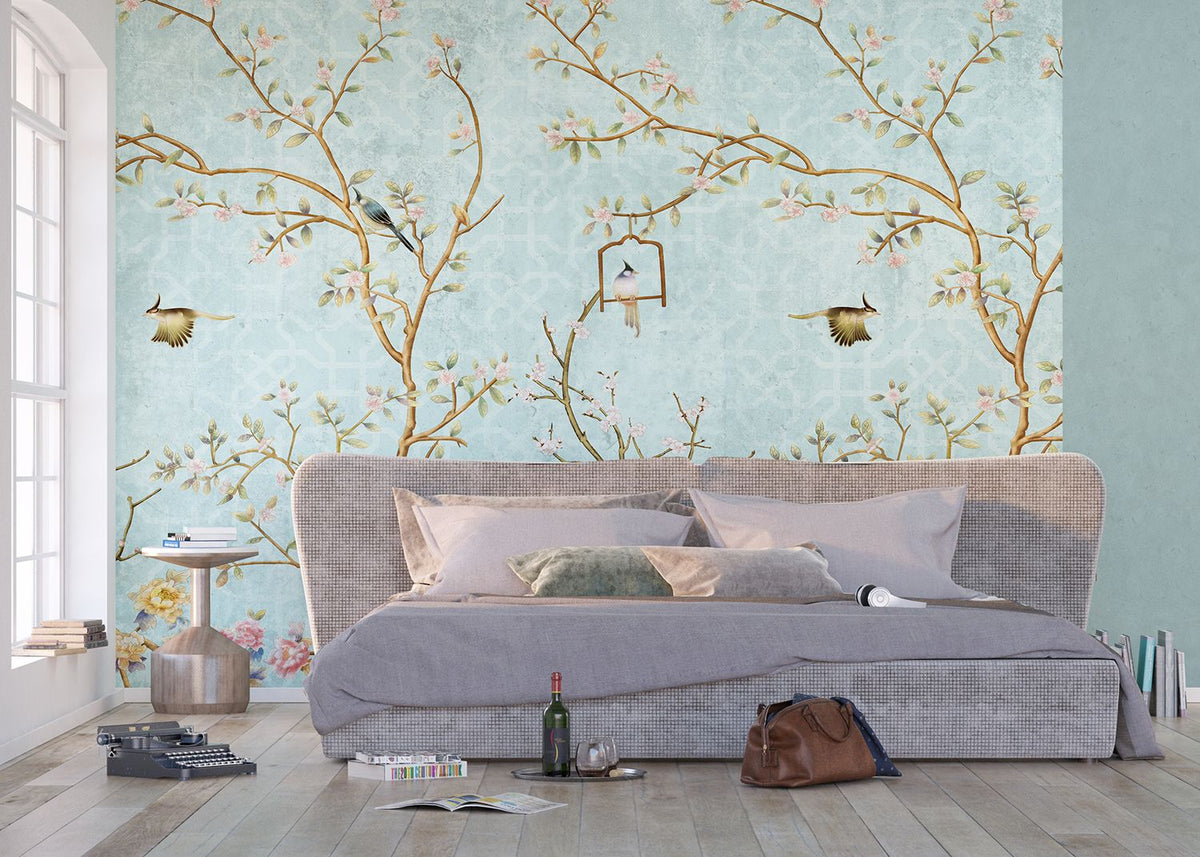 Sanders & Sanders fotobehang bloemen en vogels blauw, roze en geel - 375 x 270 cm - 601000