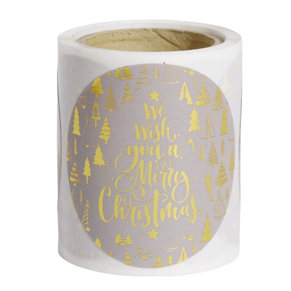 Rouleau étiquette autocollante Merry Christmas sapin blanc et dorée Ø3cm x50