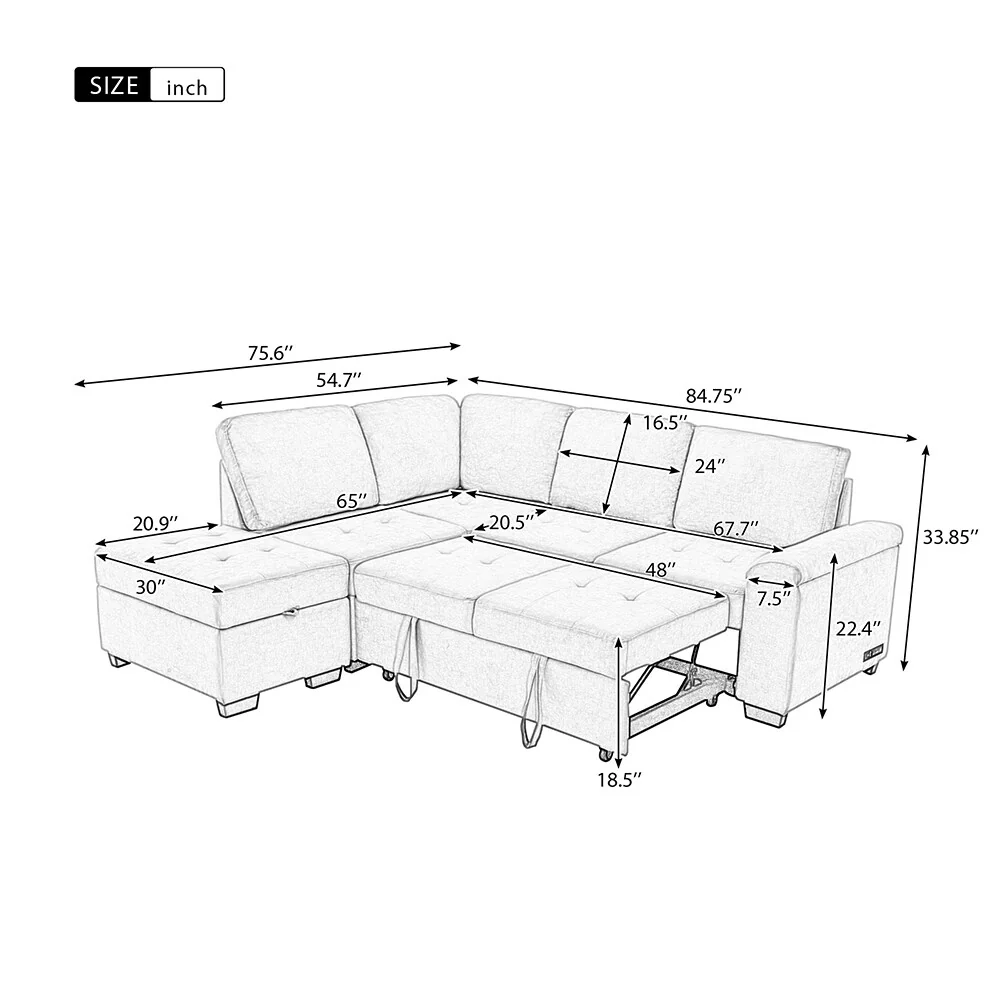 104 L-Shape Sleeper Sectional, Ottoman and Arm Storage, USB Ports