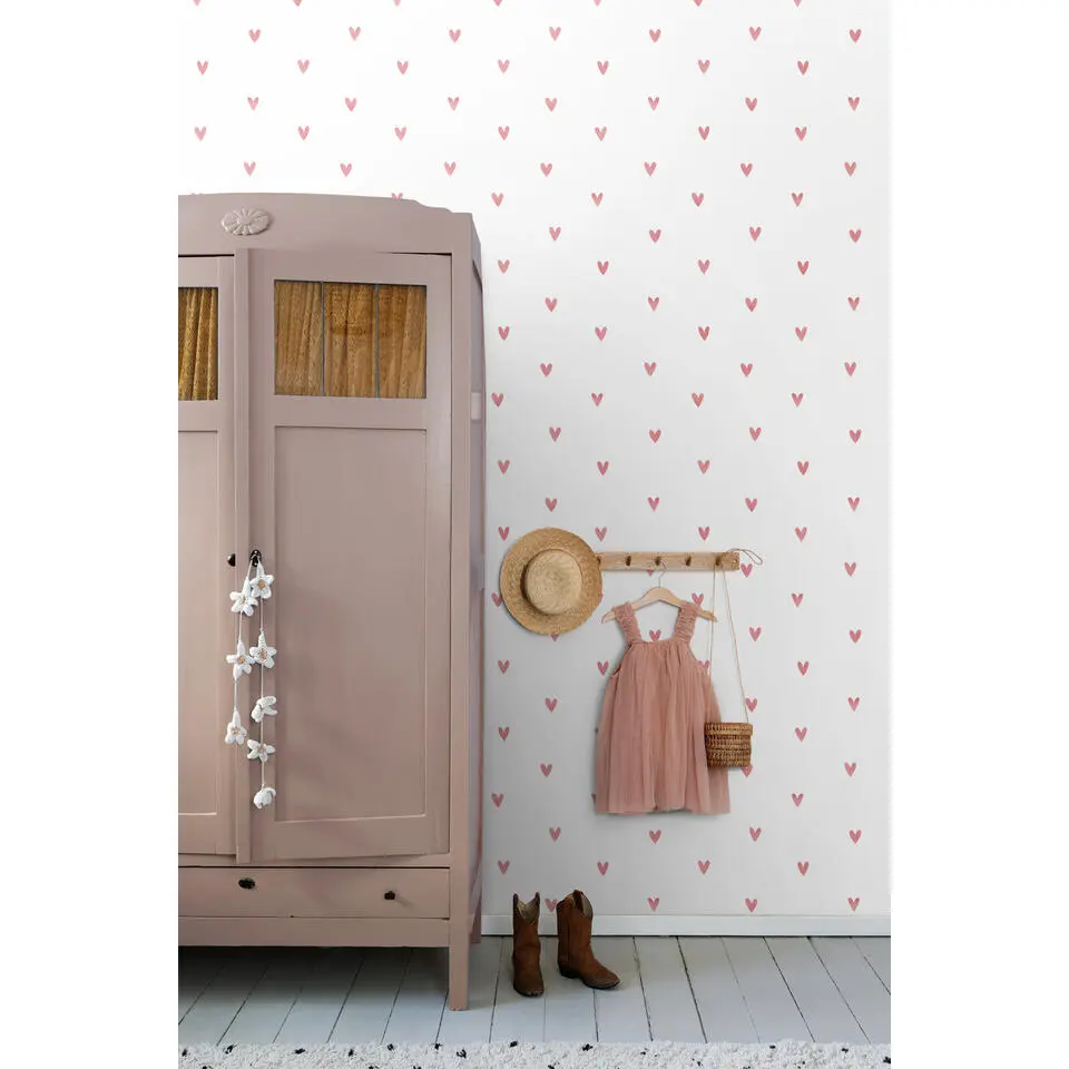 ESTAhome behang hartjes wit en roze - 50 x 900 cm