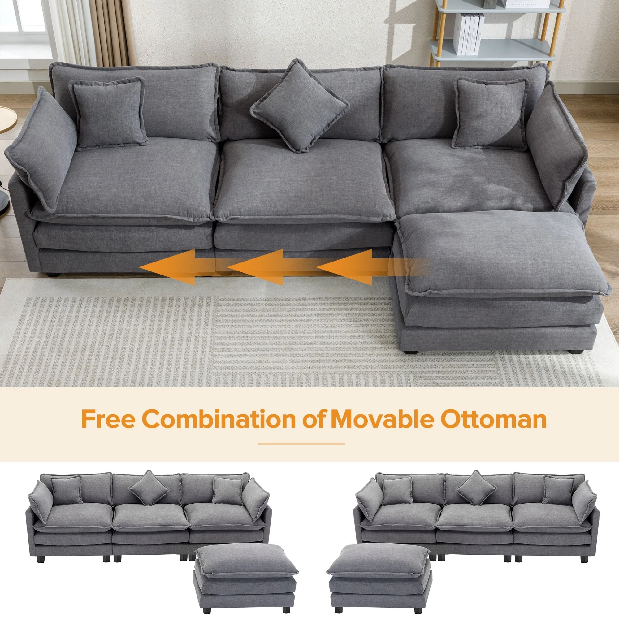 Grey 112.2 Modern L-Shaped 4-Seat Sectional Sofa with Removable Ottoman, 5 Plush Pillows, and Sturdy Construction