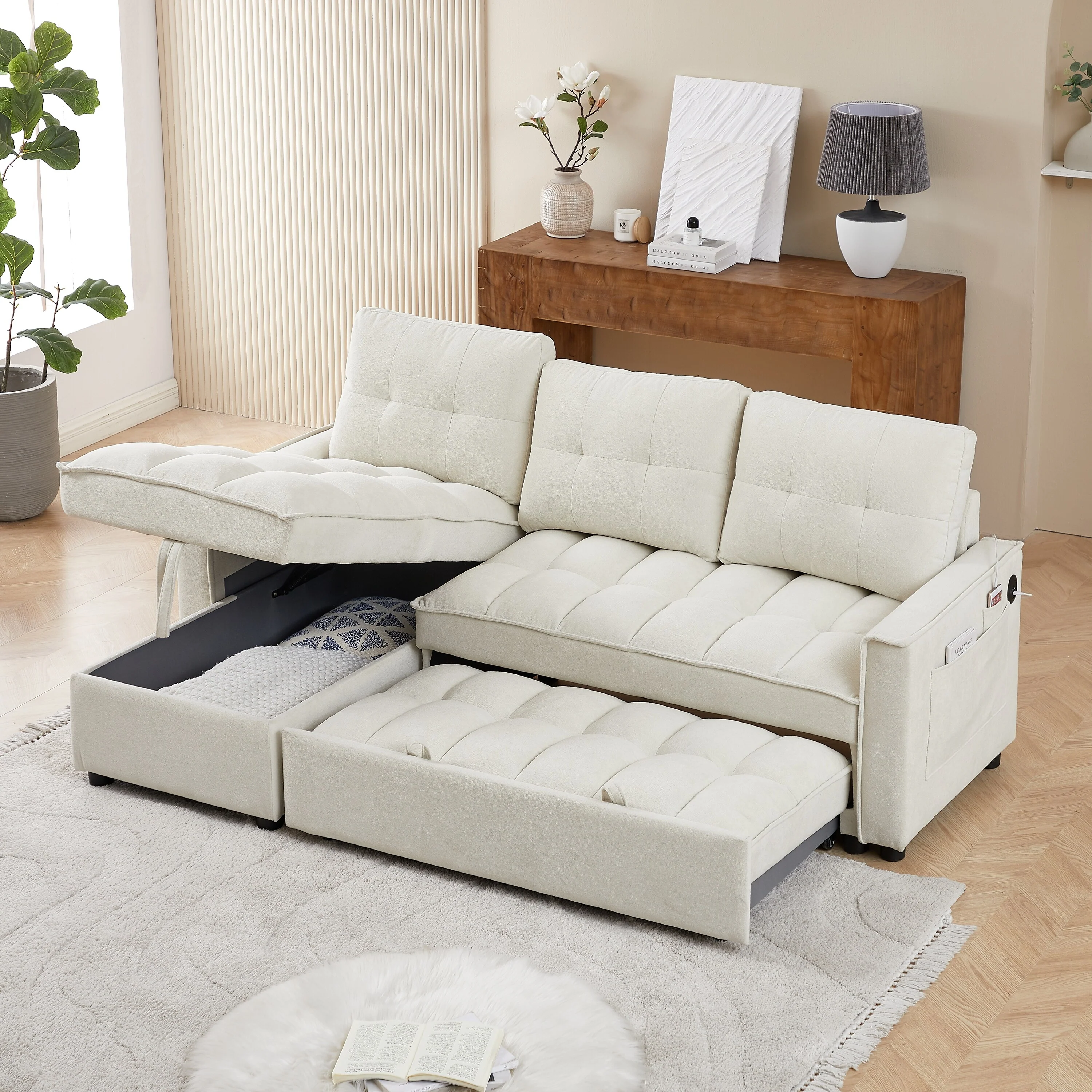 78.75 L-Shaped 3 Seater Sofa Bed with USB & Type-C Ports, Pull-Out Bed, Storage Chaise, and Side Organizer Pockets
