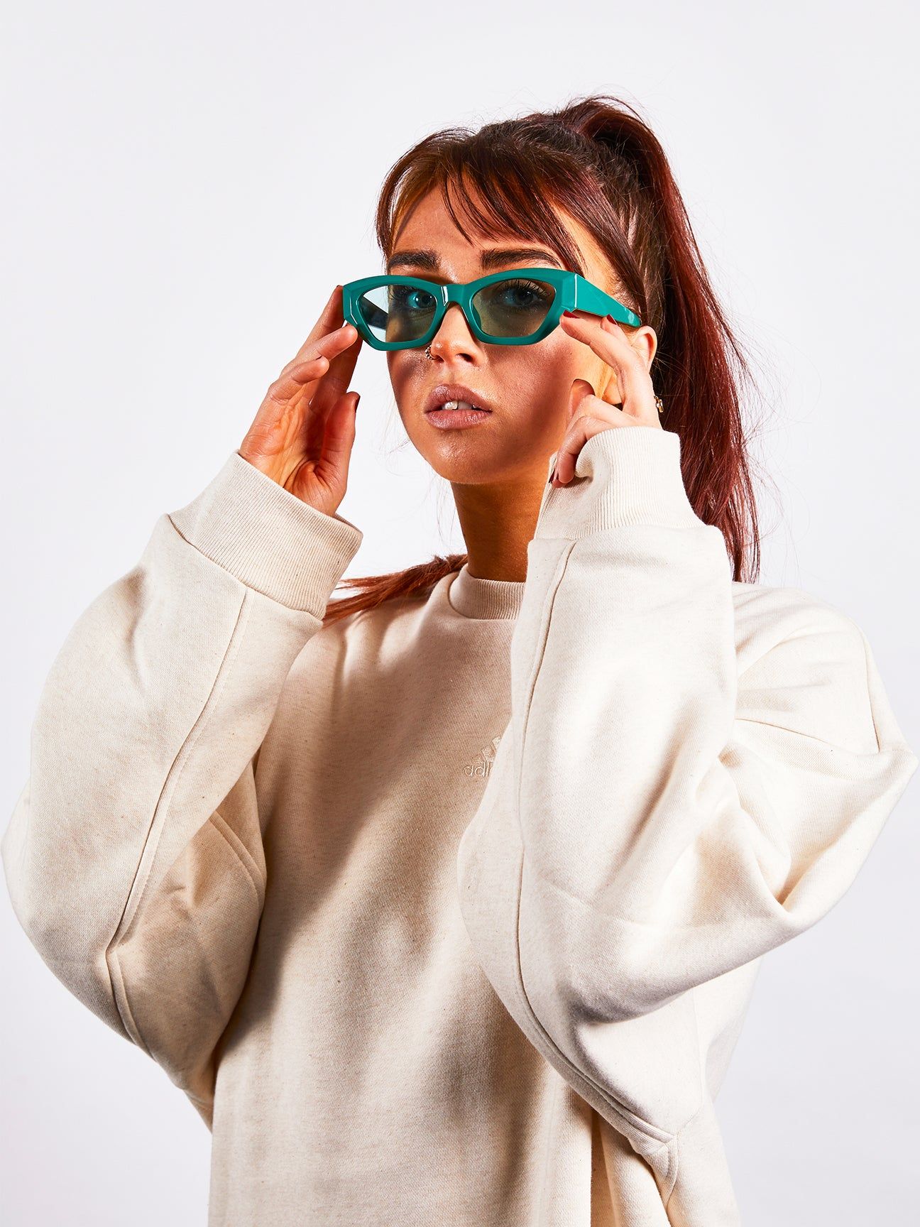 SVNX Green Angular Cat Eye Sunglasses with Green Lenses
