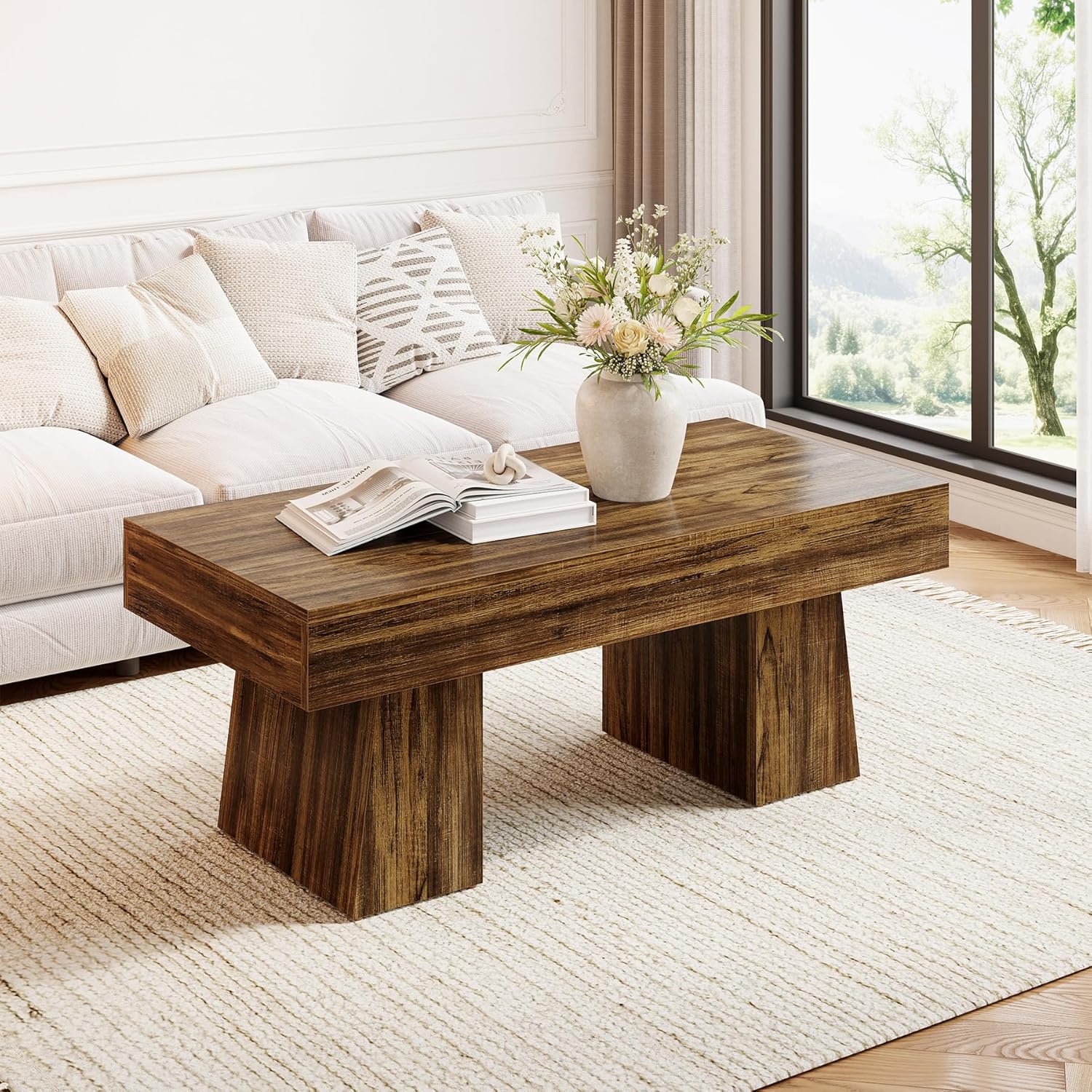 LITTLE TREE Farmhouse Coffee Table, 47 Inches Living Room Table, Rectangular Wooden Accent Center Tables with Thick Base, Modern Low Cocktail Tea Furniture for Living Room (Walnut Brown)