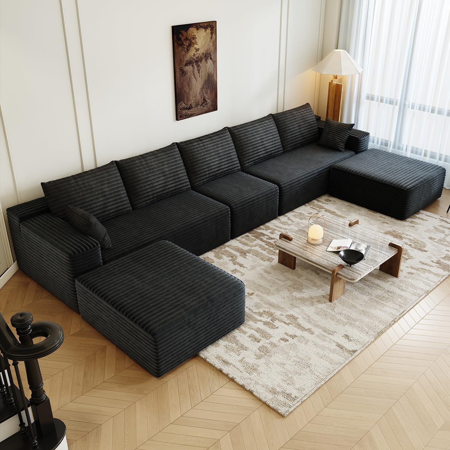 168.5 Modular Sectional Sofa, Oversized U-Shaped Minimalist Couches with 1 Middle Seat and 2 Ottomans Chaise, Modern Deep Seat Convertible Sleeper Sofa, Cloud Plush Corduroy Fabric,7 Seater, Black