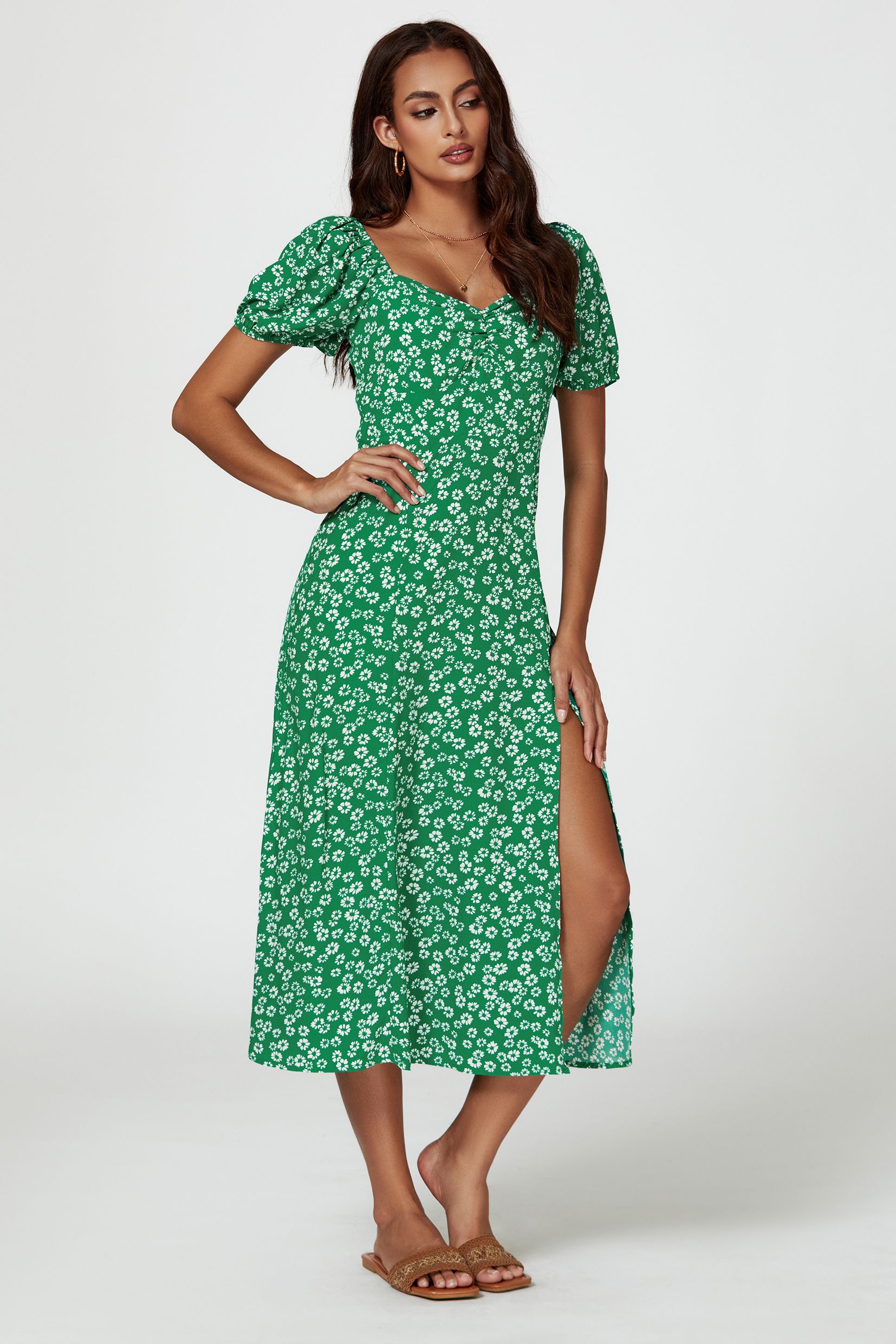 FS Collection Puff Sleeve Heart Neckline Midi Dress In Green