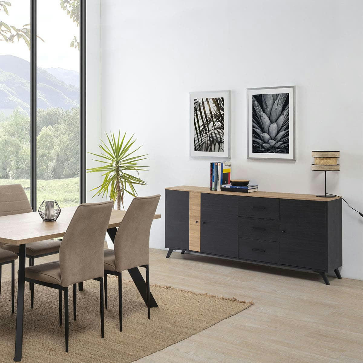 ZACK - Bibliothèque 2 portes effet bois noir et bois naturel 92 cm