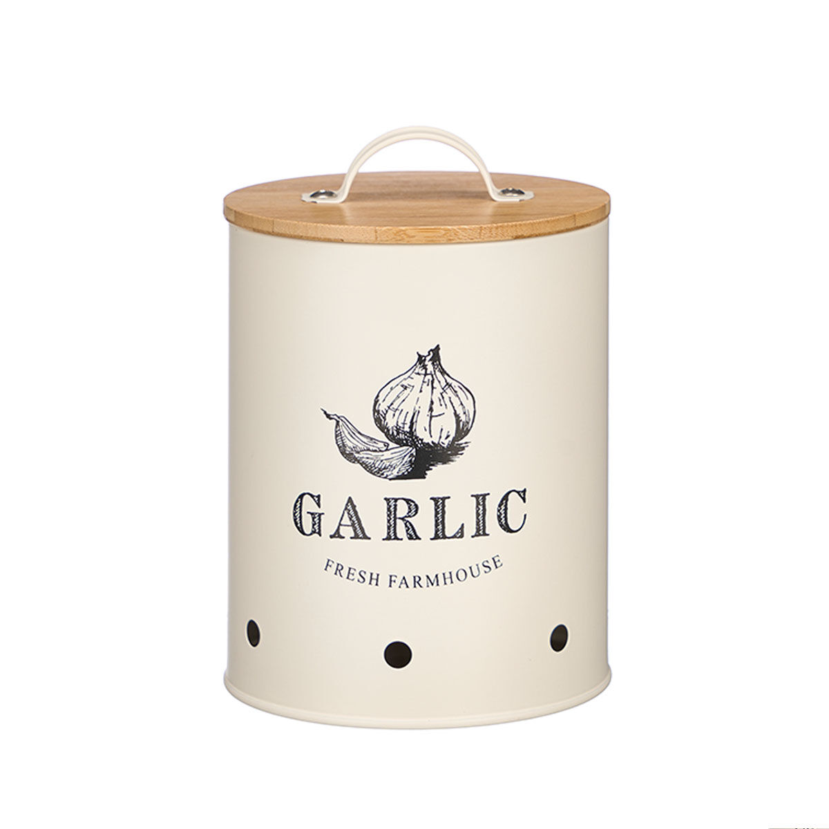 Lata para alhos creme de metal com tampa bambu