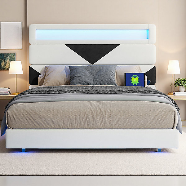 Lit flottant 160x200 cm, LED, 2 ports USB, cadre avec sommier à lattes, tête de lit, beige/noir.