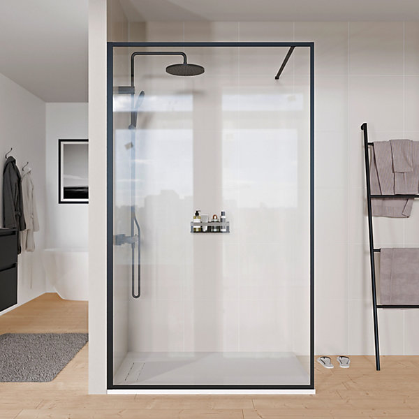Paroi de douche italienne 110x200cm, verre NANO 8mm, profilé mural   barre stabilisation noir mat - FRAME