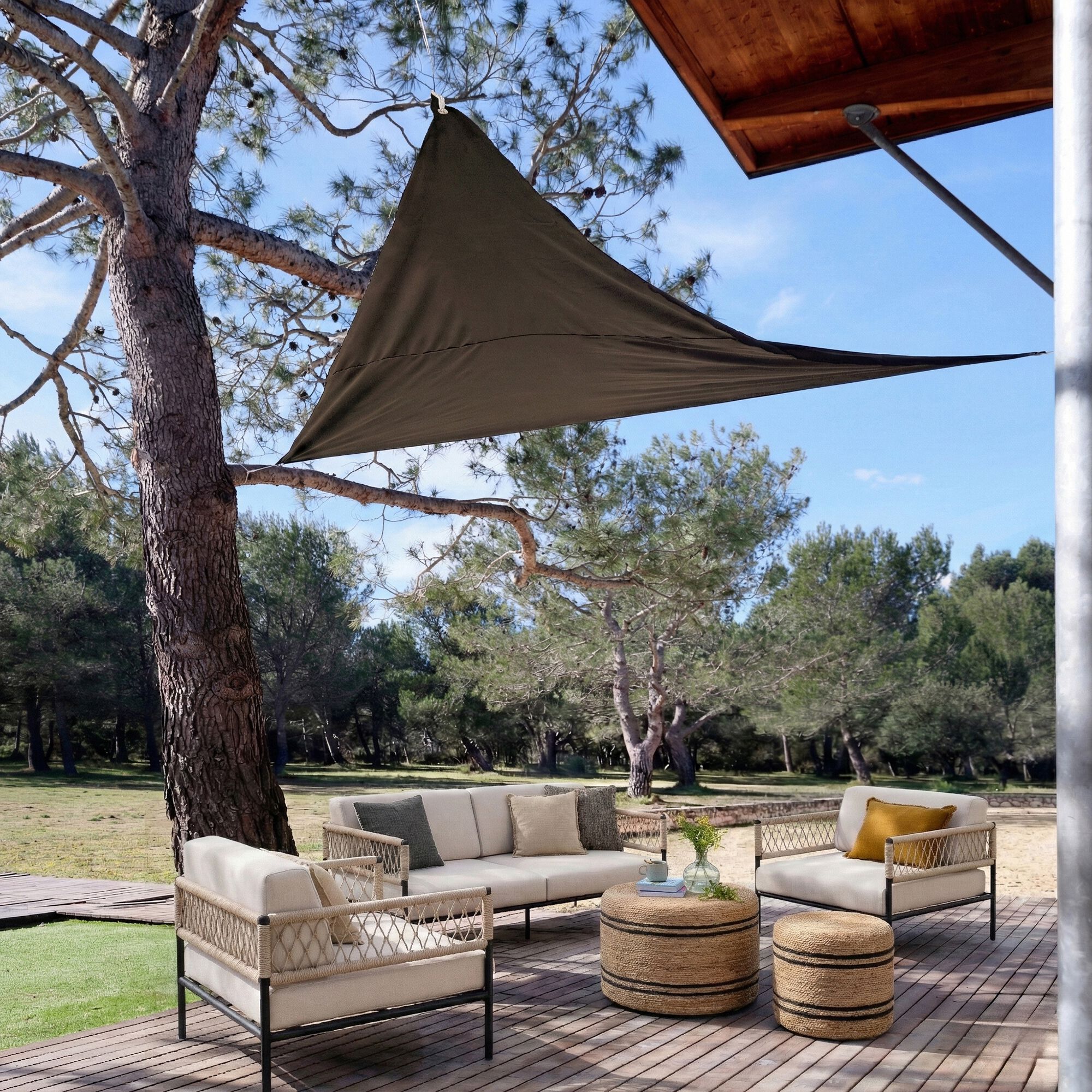 CAIRANNE / MIMET - Salon de jardin en acier, corde et jacinthe d'eau - beige et noir (4 places)