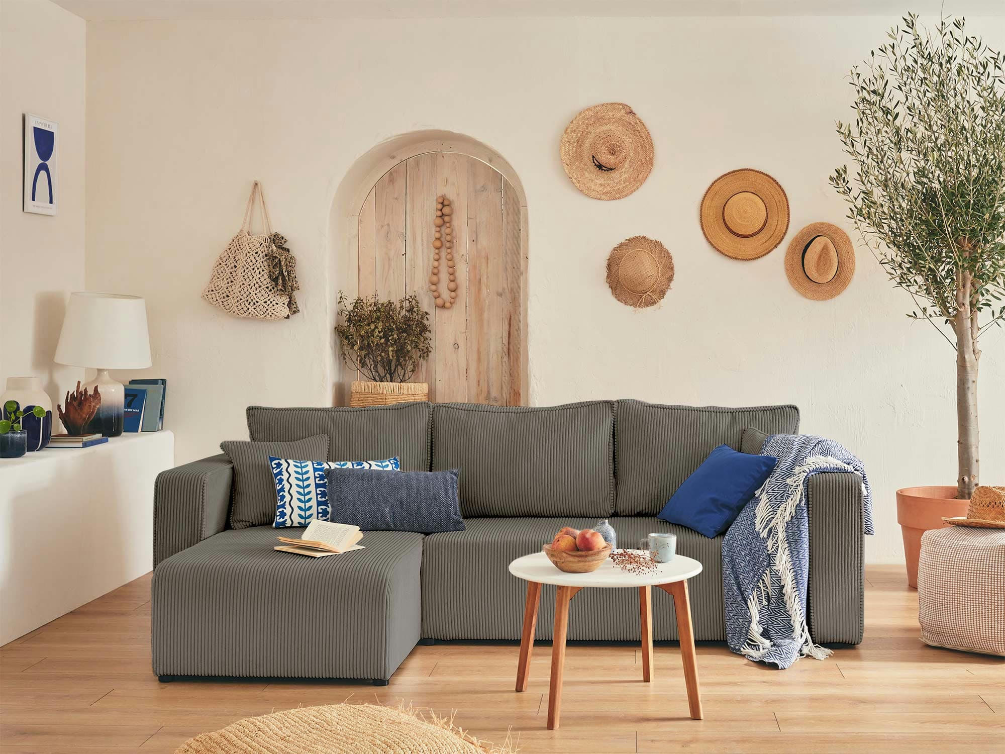 TOPAZE - Canapé d'angle réversible convertible 4 places en velours côtelé gris