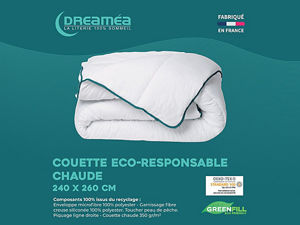 Couette chaude recyclée de DREAMEA en microfibre - 240 x 260 cm - 350 gr/ m² - Biais bleu - ROSA
