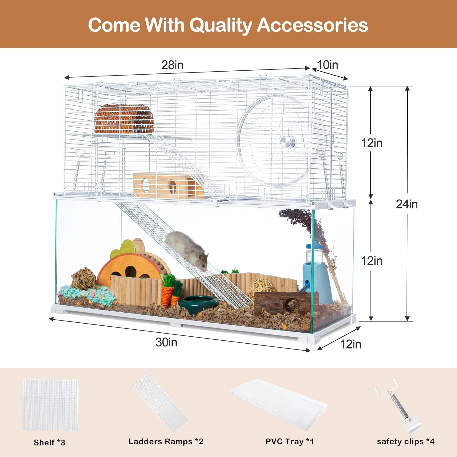 3 Tiers Large Hamster Cages, Glass Hamster Cage Habitat with Openable Wire Topper, Gerbil Cage with Two Ladders Ramps and Removeable Waterproof PVC Tray, Easy to Clean(30)