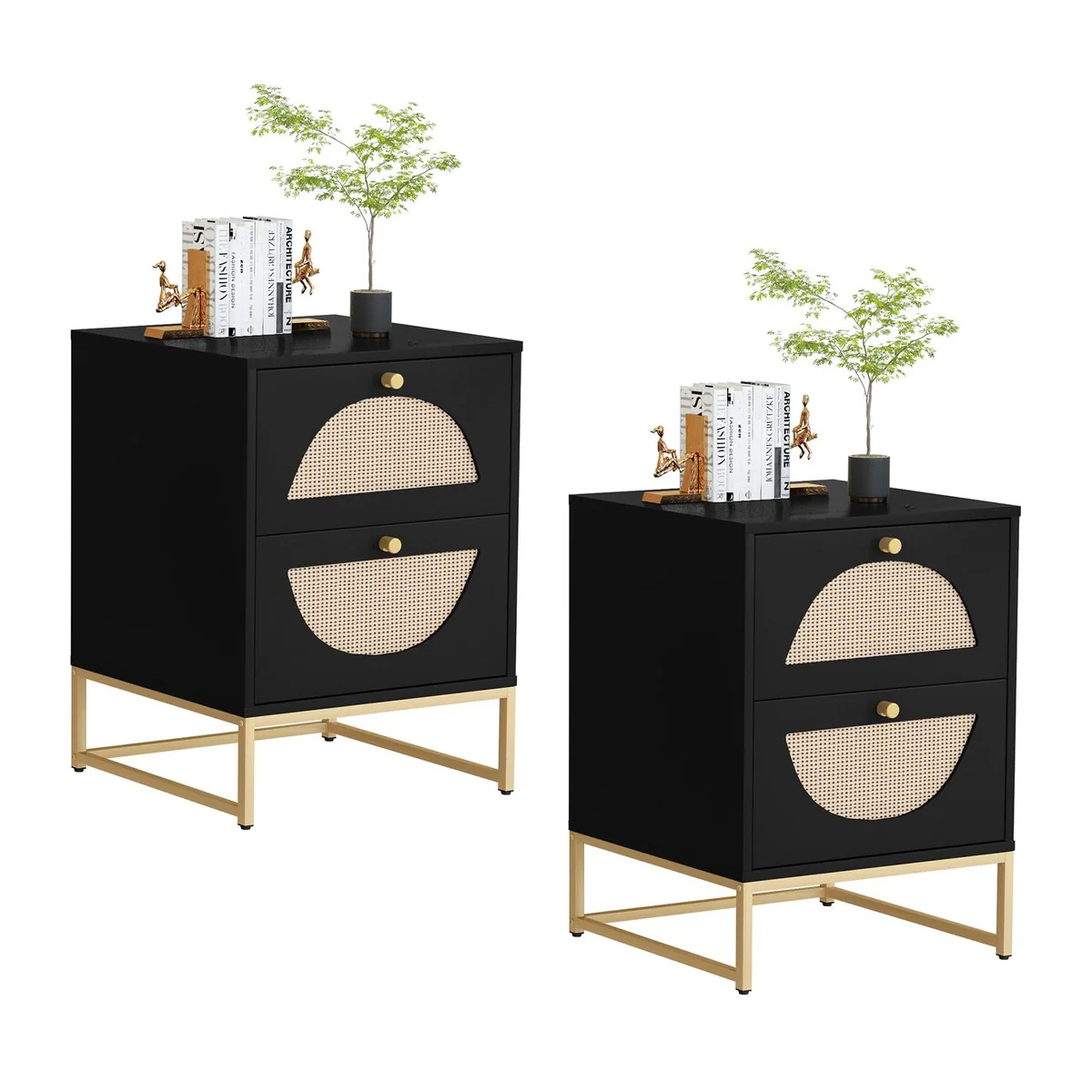 Nightstands Set of 2, Rattan Bediside Table with 2 Storage Drawer and Metal Legs for Living Room Bedroom