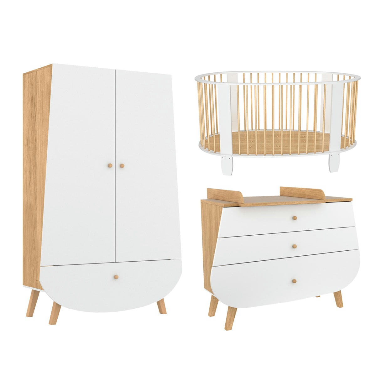 TRIO - COCON - Chambre bébé : Trio - lit bébé 60x120 commode armoire blanc naturel