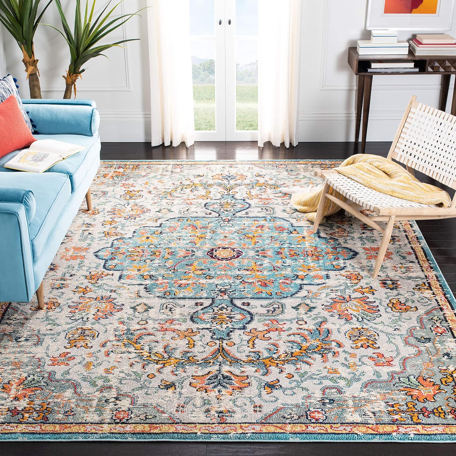 SAFAVIEH Madison Collection Area Rug - 9' x 12', Grey & Light Blue, Boho Chic Medallion Distressed Design, Non-Shedding & Easy Care, Ideal for High Traffic Areas in Living Room, Bedroom (MAD447F)
