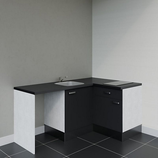 Kitchenette KA01 - 128 cm - Façades : Noir - Plan de travail : Noir texturé - Crédences : Non - Evier