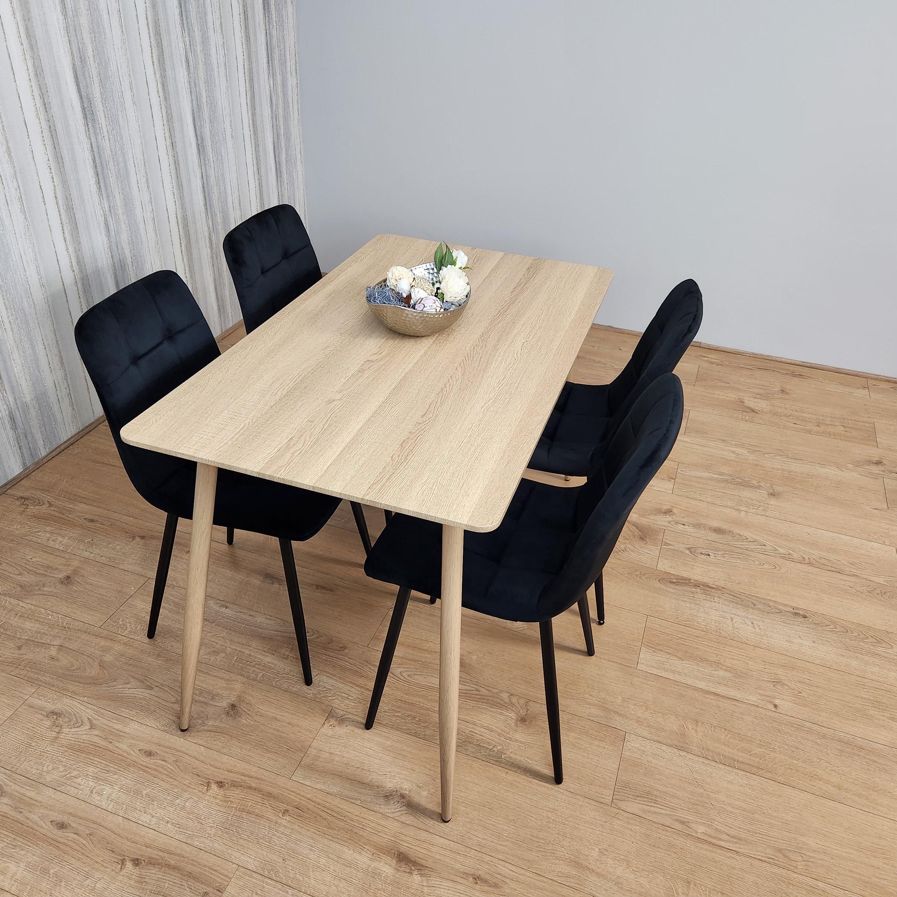 KOSY KOALA Rectangle Oak Effect Kitchen Dining Table With 4 Black Velvet Tufted Chairs Dining Set