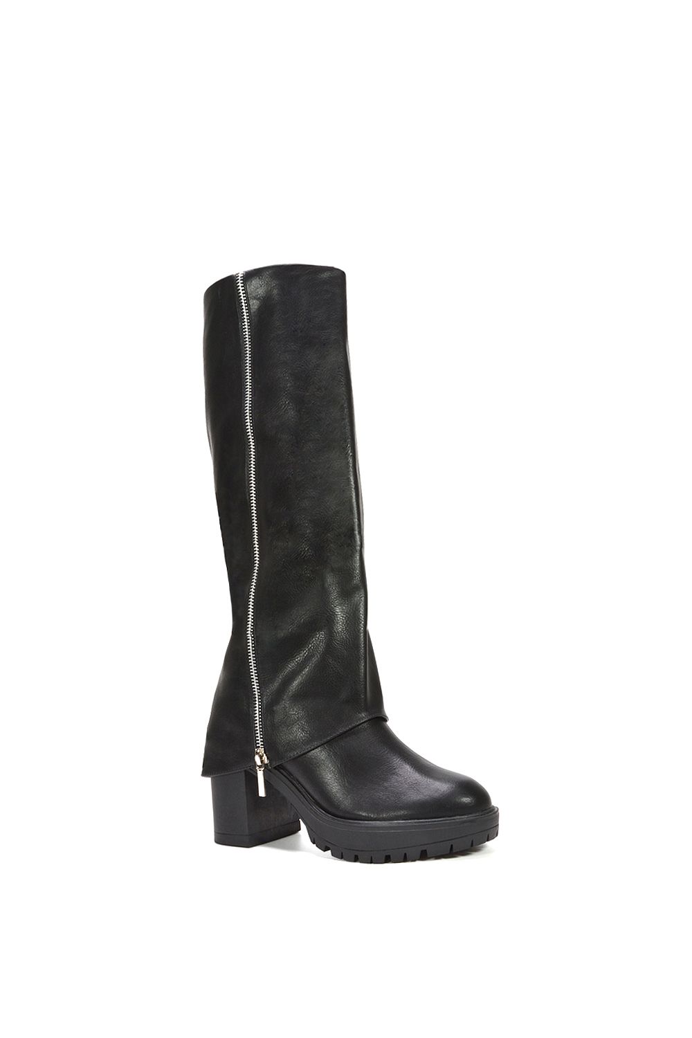 XY London Juliana' Fold Over Block Chunky Platform Black Knee High Boots