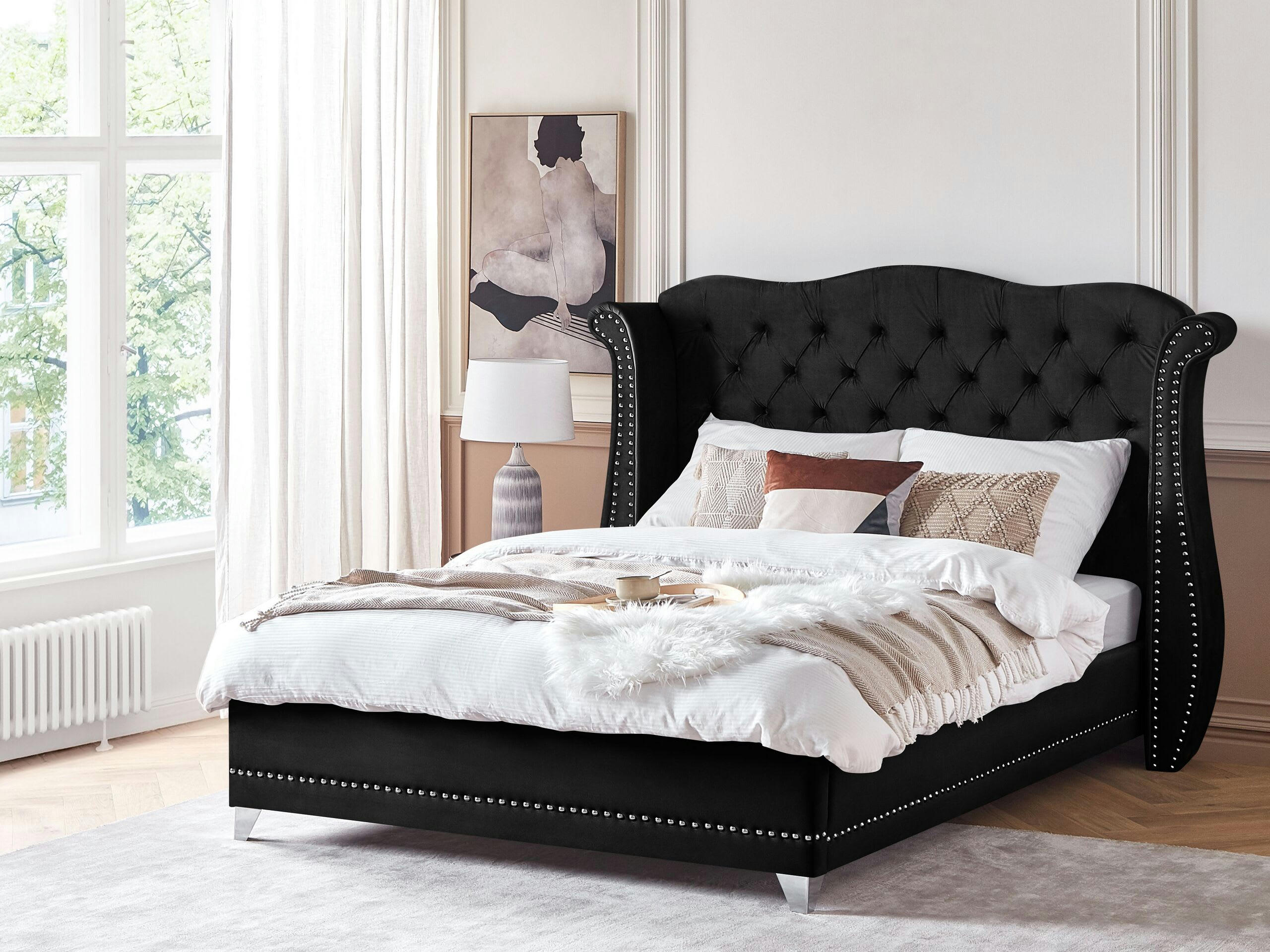 AYETTE - Lit double en tissu noir 180x200