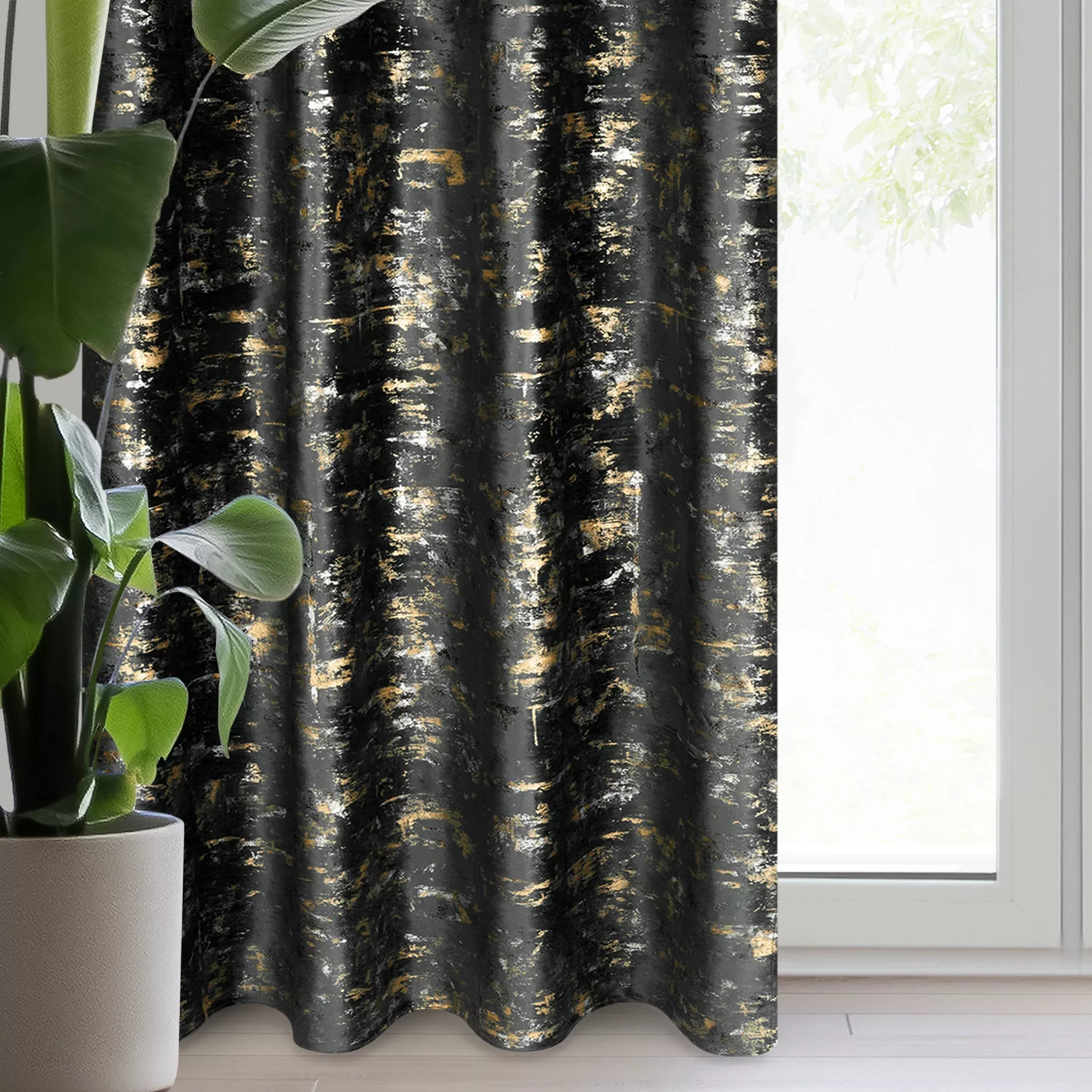Zasłona czarno, złocista zdobiona marmurkowym wzorem, welwetowa 140x250 cm przelotka - TAMI