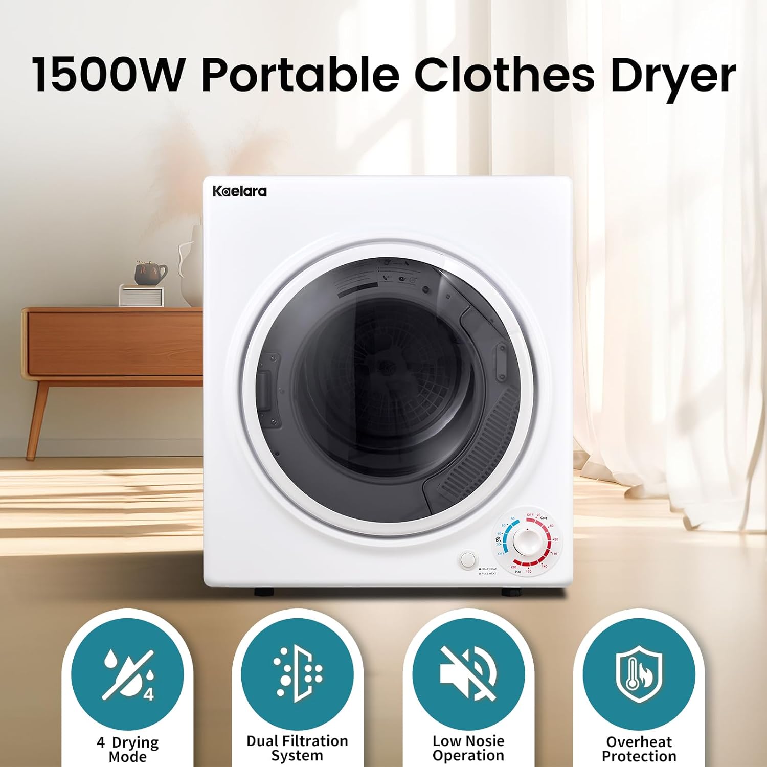 Portable Dryers for Laundry 1500W, 3.5 cu.ft Apartment Dryer with 4 drying Mode, Front Load Electric Dryer for RVs and Apartments, White
