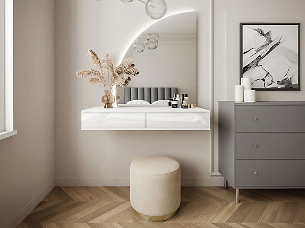 Coiffeuse suspendue avec miroir à LEDs - 2 tiroirs - Blanc brillant - JINEZA