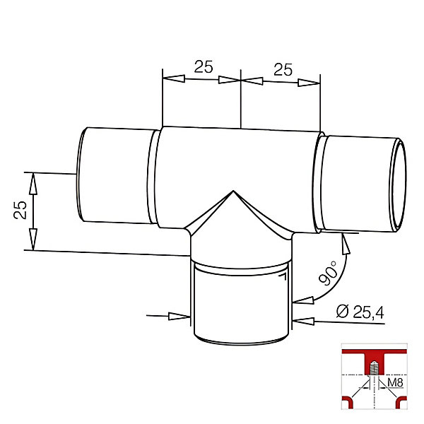 2 x Raccord 3 départs en T pour tube diam. 25,4 x 1,27 mm - Zamac aspect laiton poli