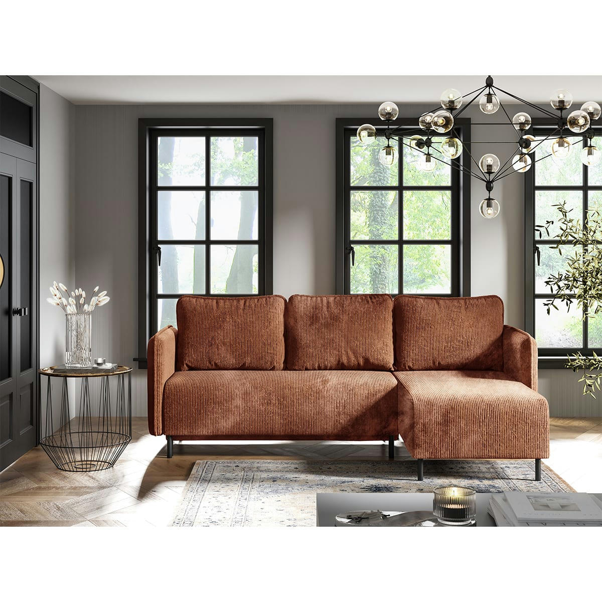 - Canapé d'angle 3 places velours côtelé orange brique