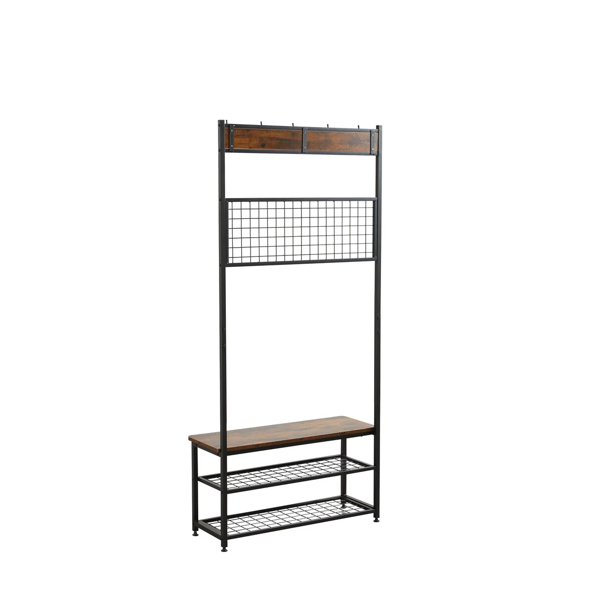 Multi Function 4-In-1 Living Room Coat Rack Hall Tree Hanging Net & Stool Design with 5 Hook Hanging and 2 Layer Storage Rack