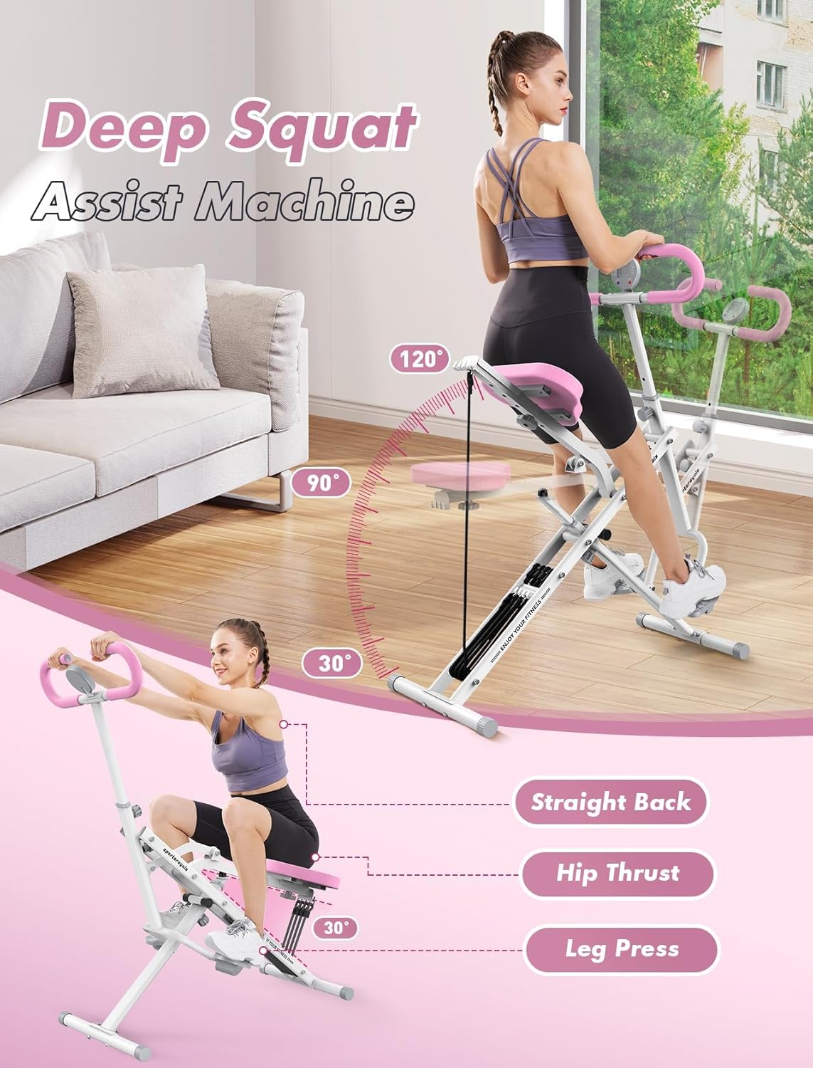 Sportsroyals Squat Machine, Squat Assist Rower for Glutes and Thighs, Foldable Exercise Equipment w/ Four Adjustable Resistance for Home, Full Body Workout Machine