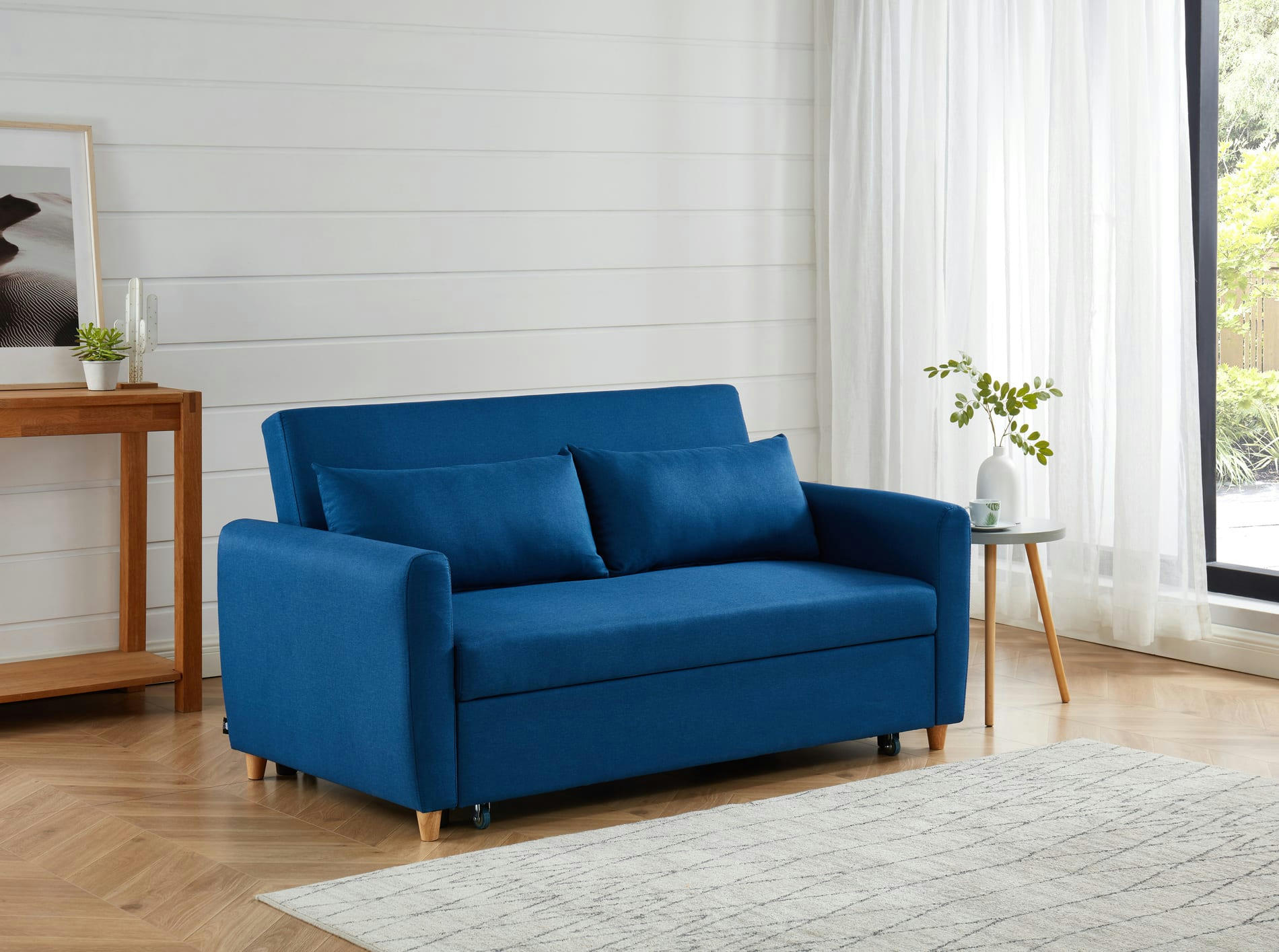 LAURA - Canapé droit convertible en tissu 3 places bleu nuit