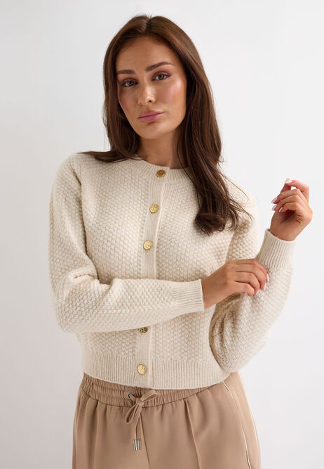 Womens Cream Textured Gold Button Cardigan