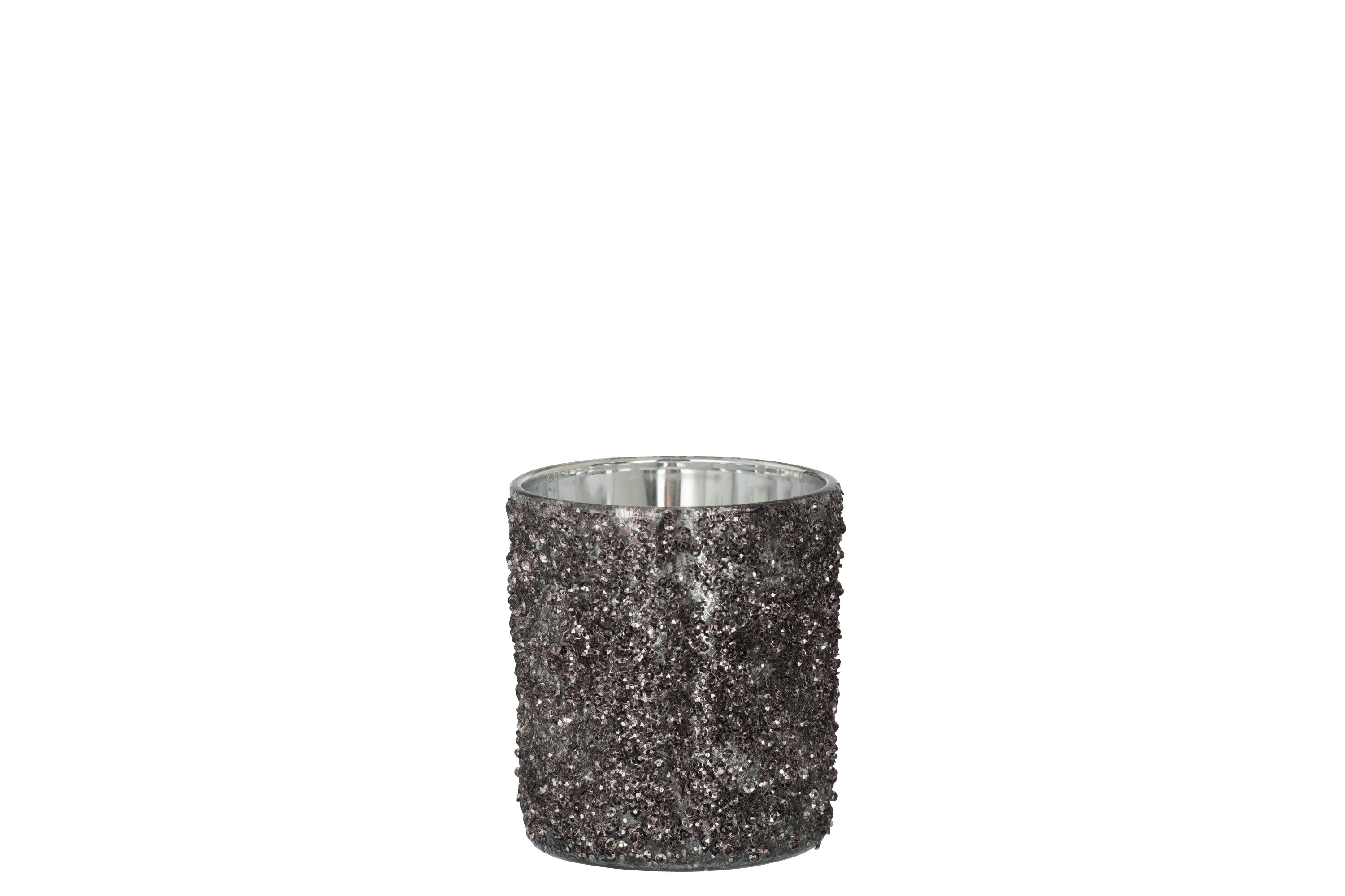 J-Line windlicht Glitter - glas - antraciet grijs - medium - 2 stuks