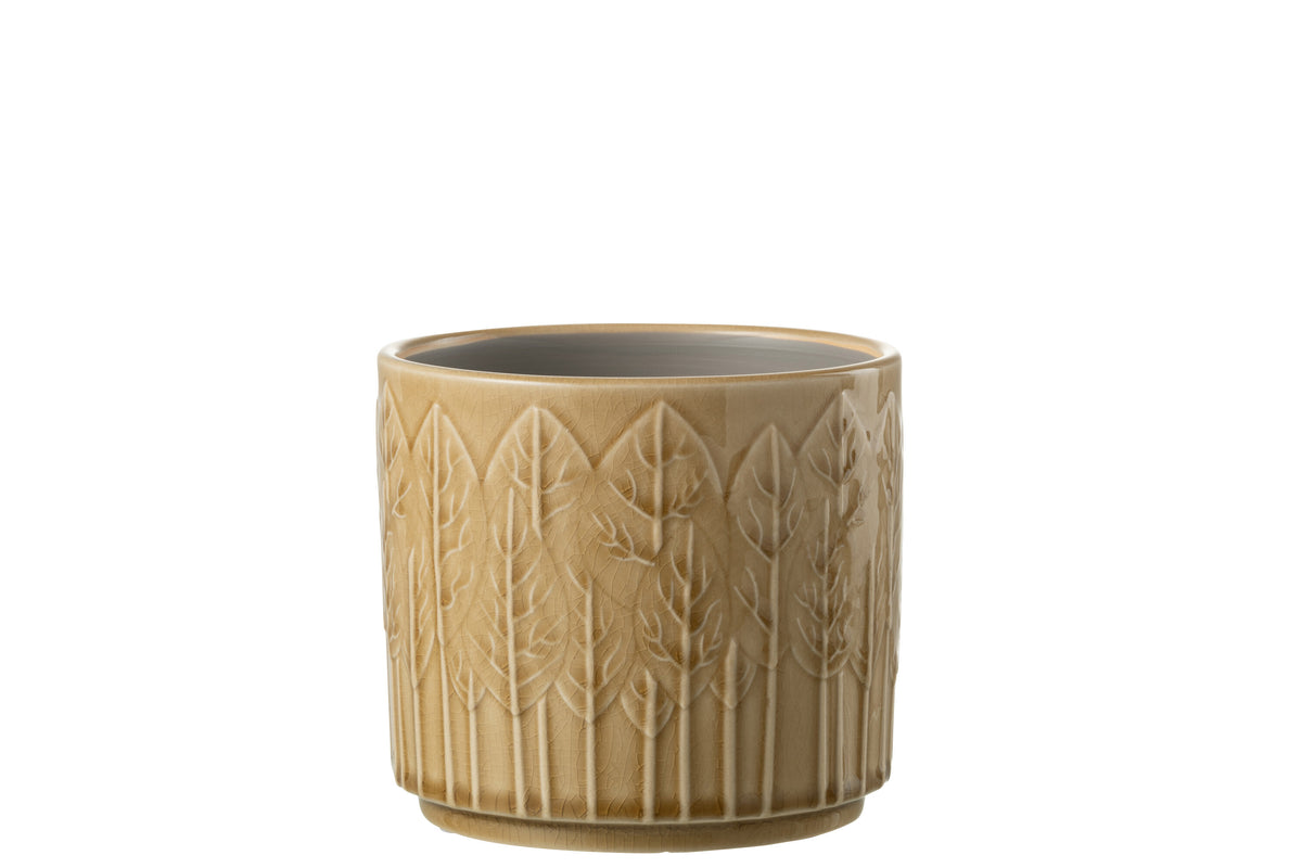 J-Line bloempot Blad - keramiek - beige - medium - 2 stuks - Ø 14 cm