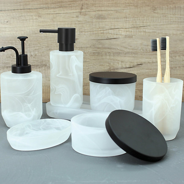 Boîte à coton taille L en verre de quartz, blanc et noir, Spirella Madison