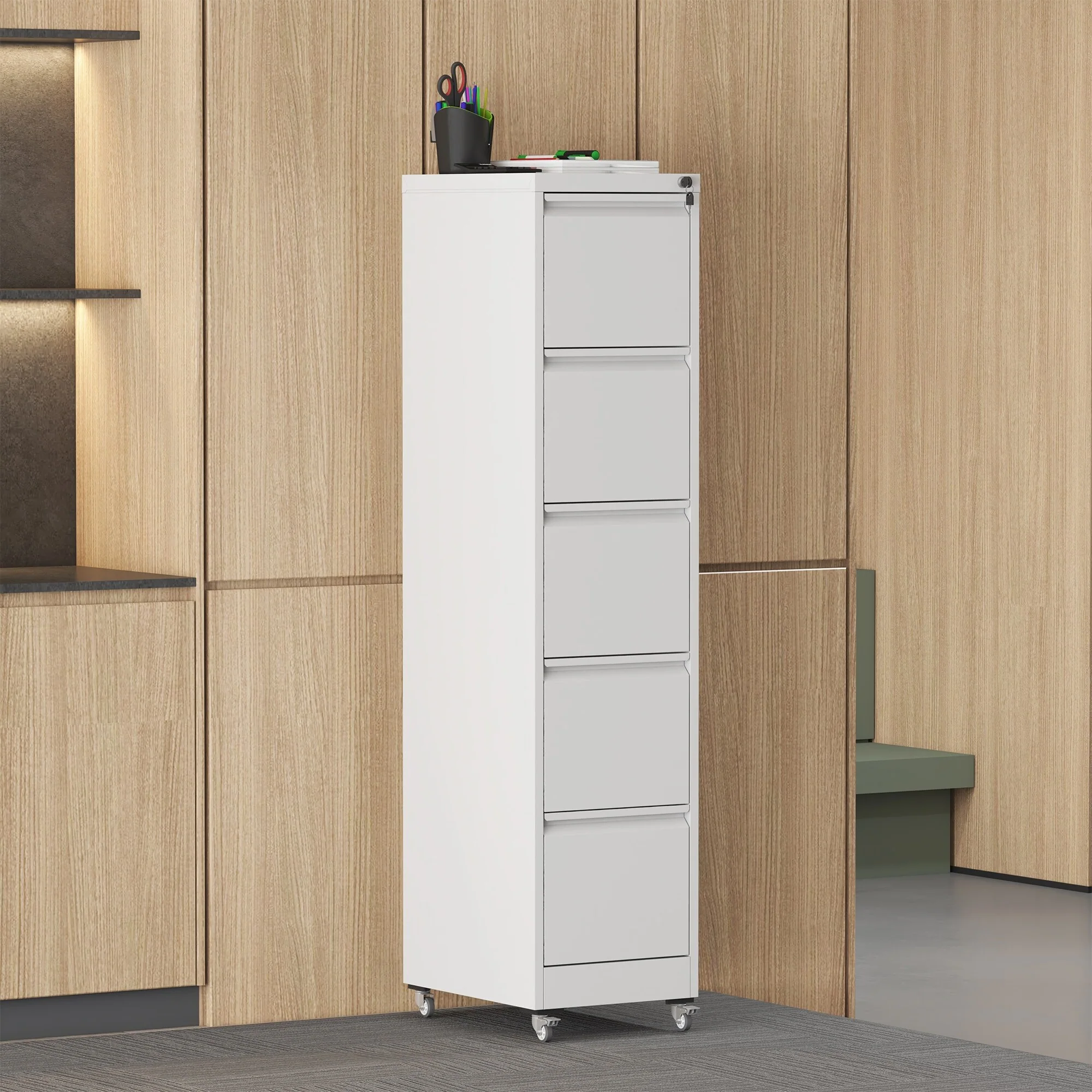 5 Drawer Metal Vertical File Cabinet with Lock on Wheels for Home Office,Heavy Duty Metal Storage Cabinet