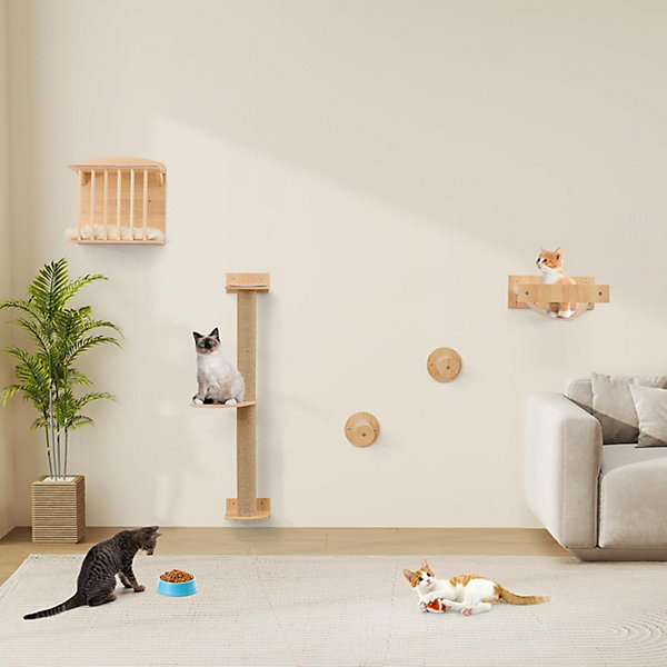4-en-1 Arbre a Chat Murale, Griffoir en Sisal à 3 Niveaux, Hamac, Poteaux à Griffer et Maison, pour Se Reposer et Grimper
